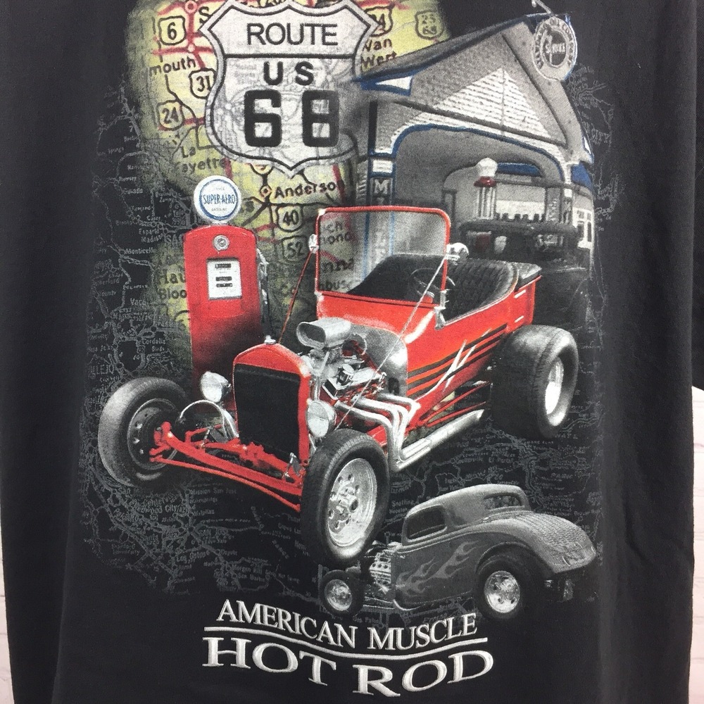 American Muscle Hot Rod Car Shirt Adult XL Black Y2K Graphic Tee Route 68 Vtg